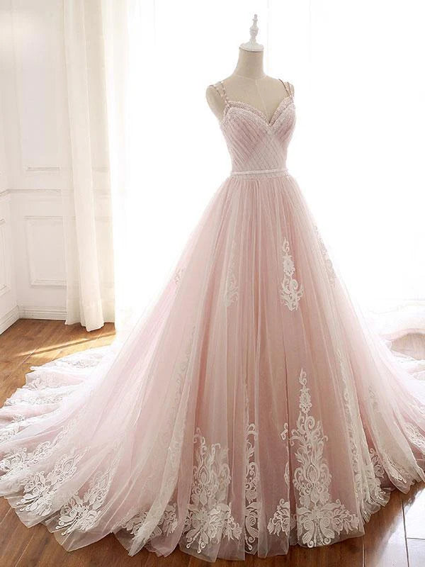 A-line Pink Sweetheart Tulle Italian Noodle Strap Long Lace Ball Dress UK