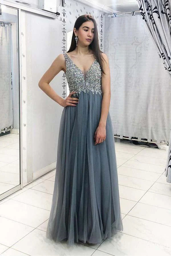 Unique gray bead long ball dress with V-neck sheer elegant evening gown