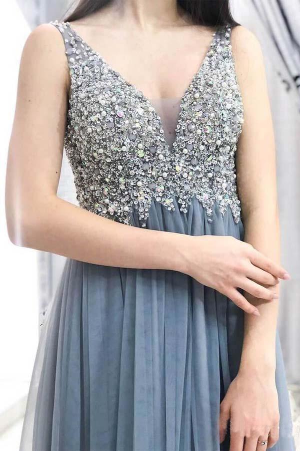 Unique gray bead long ball dress with V-neck sheer elegant evening gown