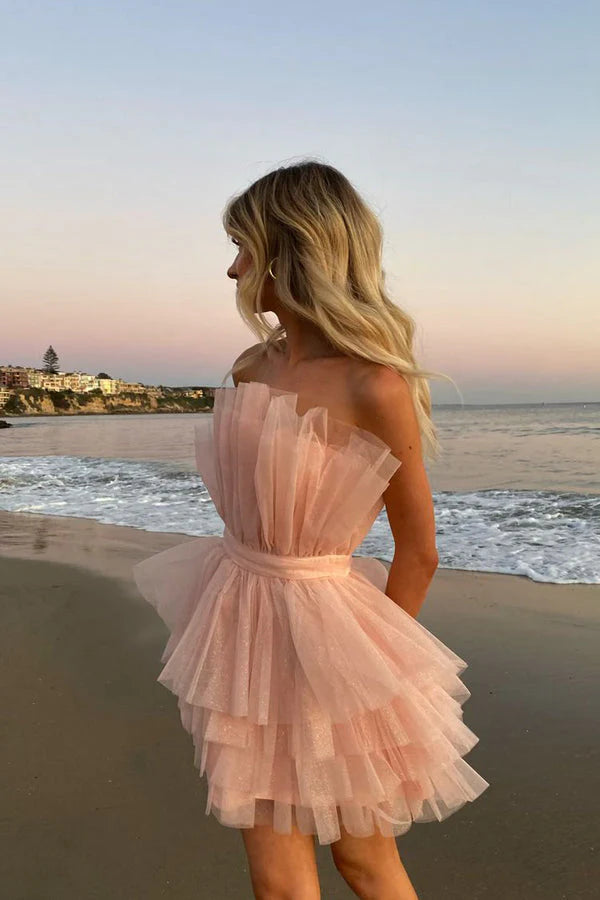 Elegant Pink Off Shoulder Layered Cake Back to School Short Ball Dress