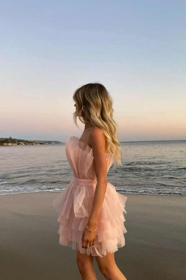 Elegant Pink Off Shoulder Layered Cake Back to School Short Ball Dress