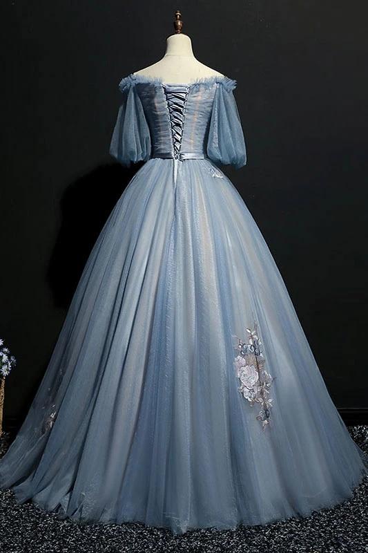 Unique fluffy off the shoulder half sleeved ball dress with embellished chiffon evening gown
