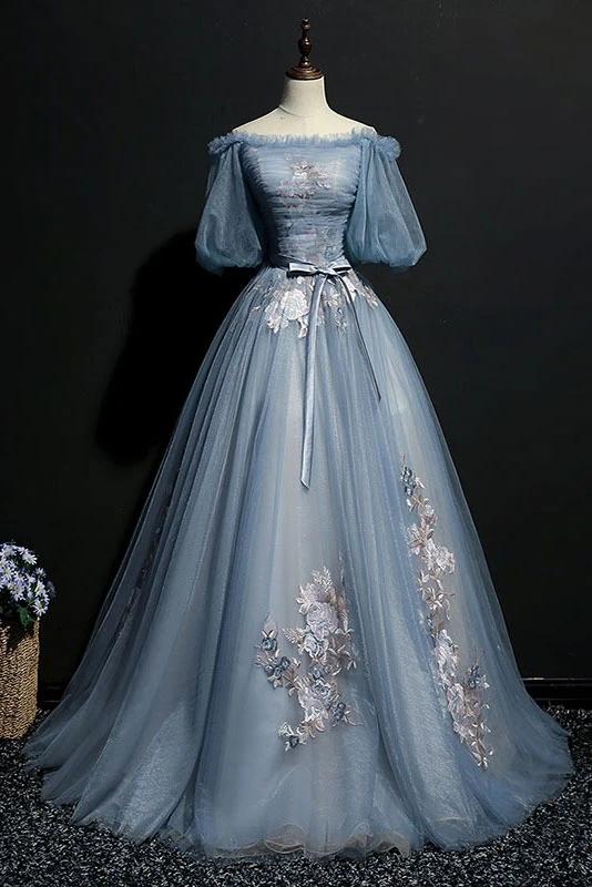 Unique fluffy off the shoulder half sleeved ball dress with embellished chiffon evening gown