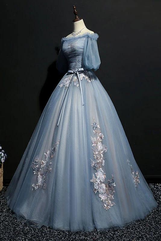 Unique fluffy off the shoulder half sleeved ball dress with embellished chiffon evening gown