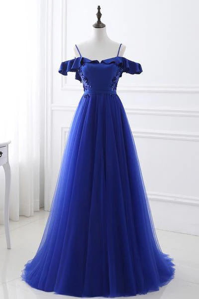 Unique royal blue skinny shoulder strapless peplum applique beaded ball gown