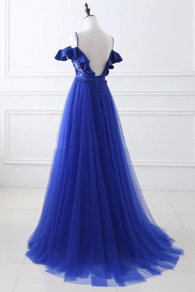Unique royal blue skinny shoulder strapless peplum applique beaded ball gown