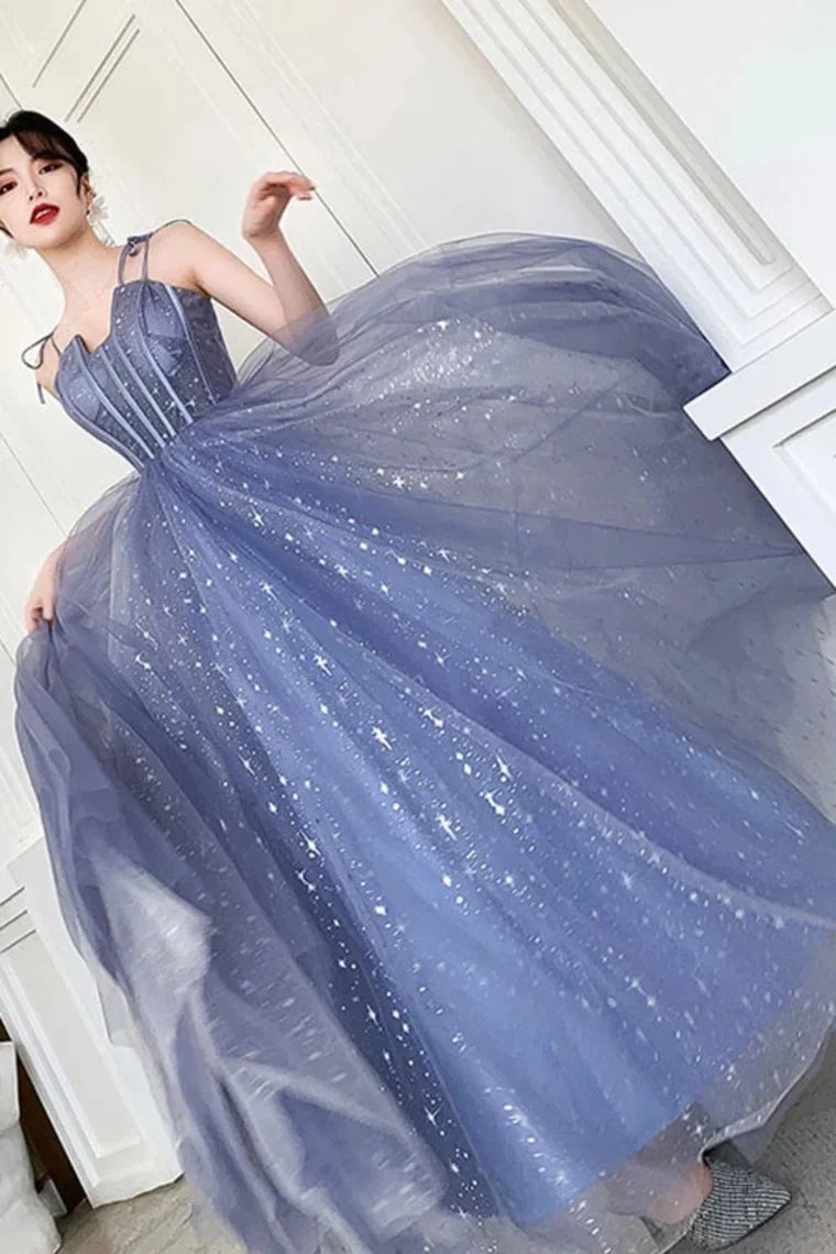 Unique Sparkling Strap Floor Tulle Ball A-Line Sleeveless Evening Dress