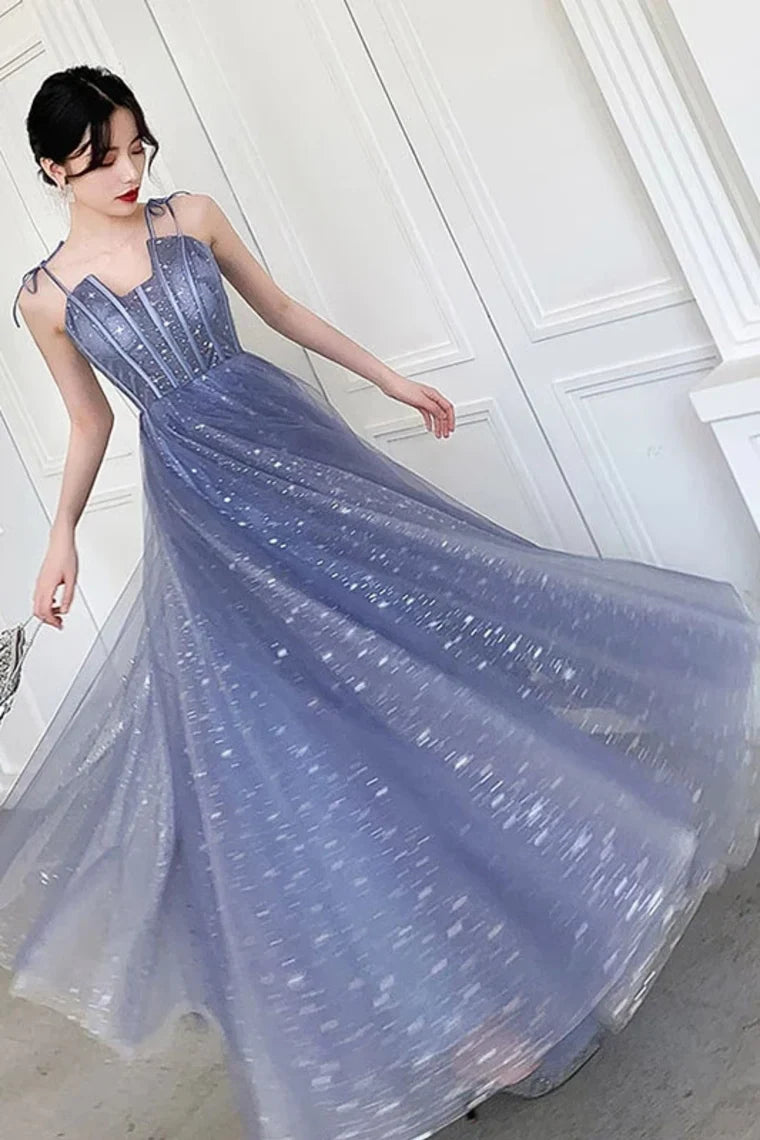Unique Sparkling Strap Floor Tulle Ball A-Line Sleeveless Evening Dress