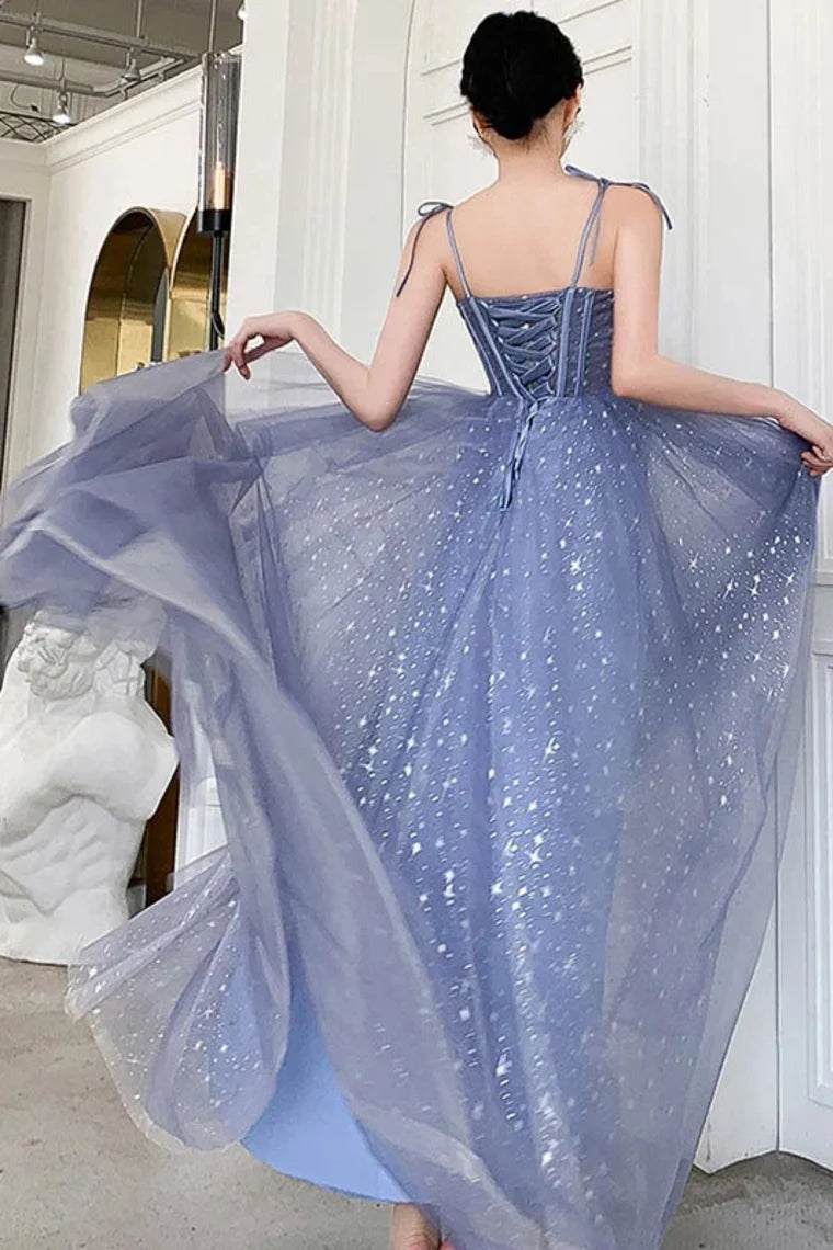 Unique Sparkling Strap Floor Tulle Ball A-Line Sleeveless Evening Dress