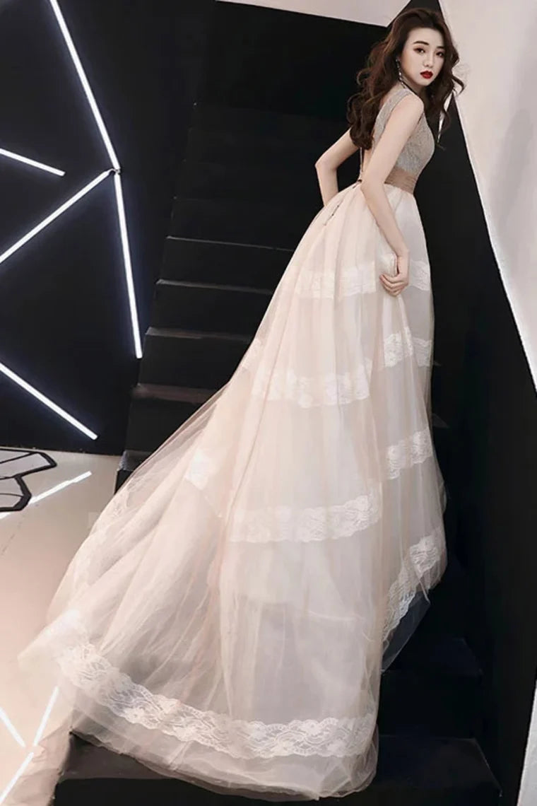 Unique and elegant V-neck sheer lace long ball formal evening dress