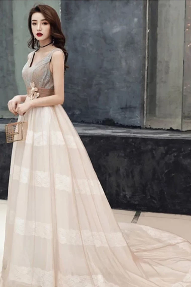 Unique and elegant V-neck sheer lace long ball formal evening dress