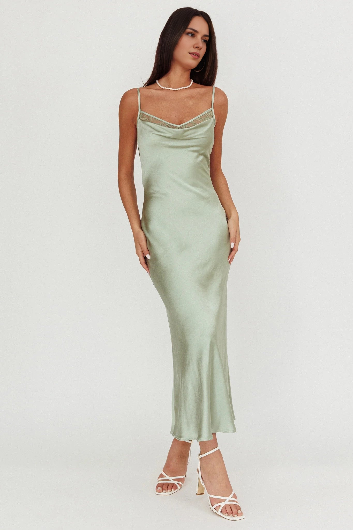 Unique satin extra long lace inlaid scarf collar, backless lace up bridesmaid dress