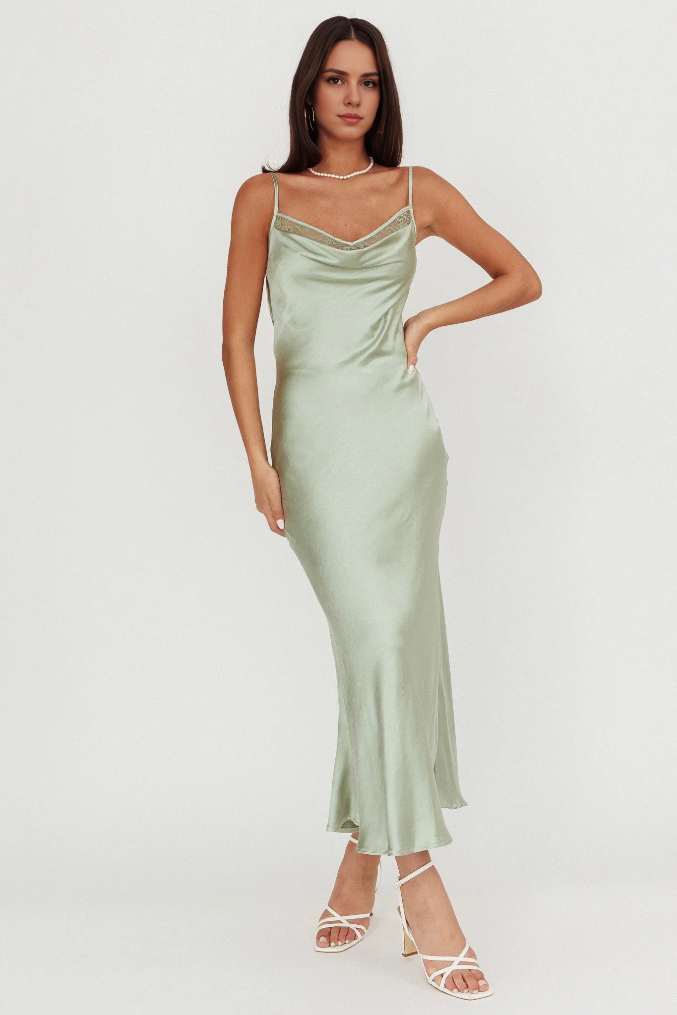 Unique satin extra long lace inlaid scarf collar, backless lace up bridesmaid dress