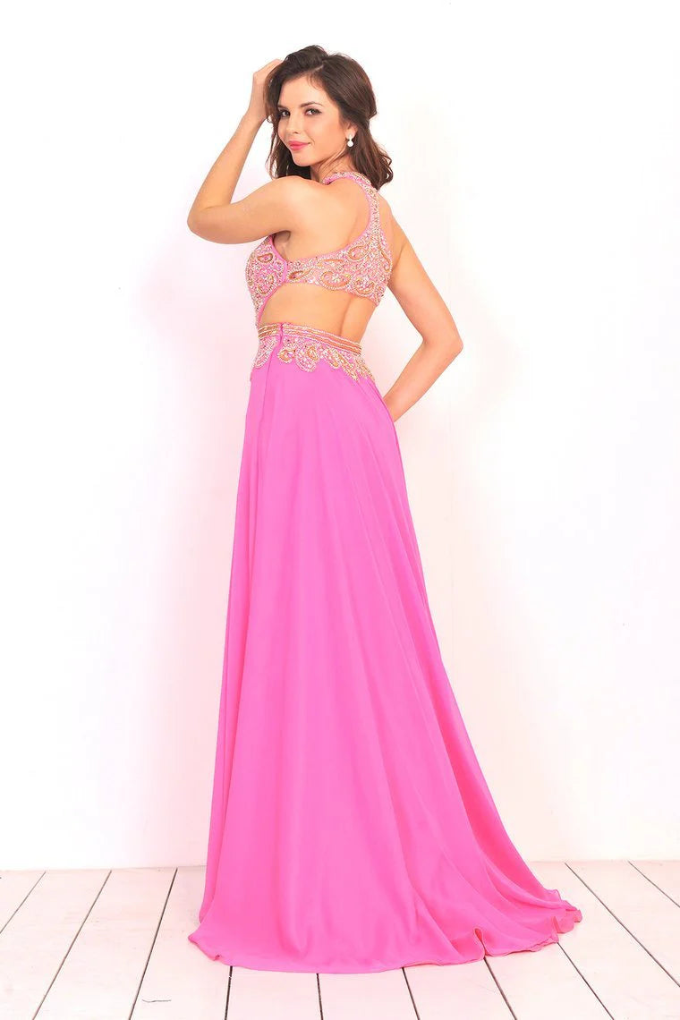 Open back beaded chiffon V-neck formal cocktail ball dress