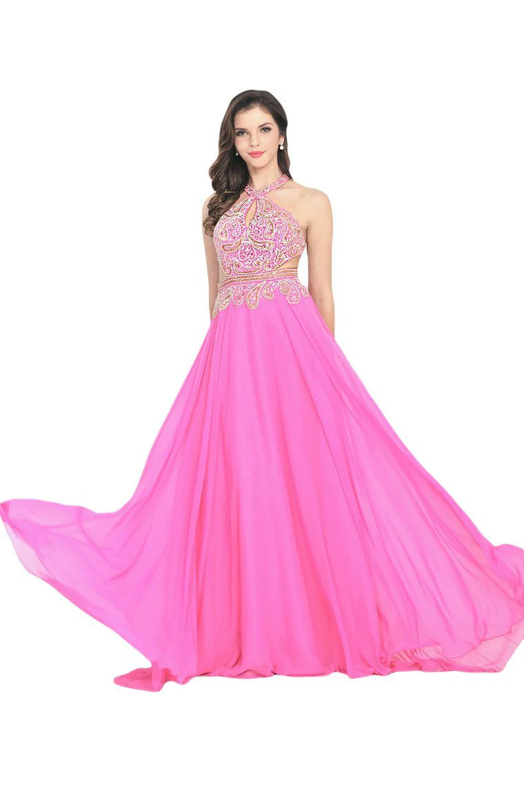V-neck formal evening ball dress with chiffon and beaded backless dress