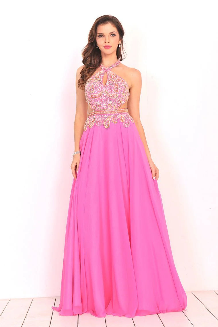 Open back beaded chiffon V-neck formal cocktail ball dress
