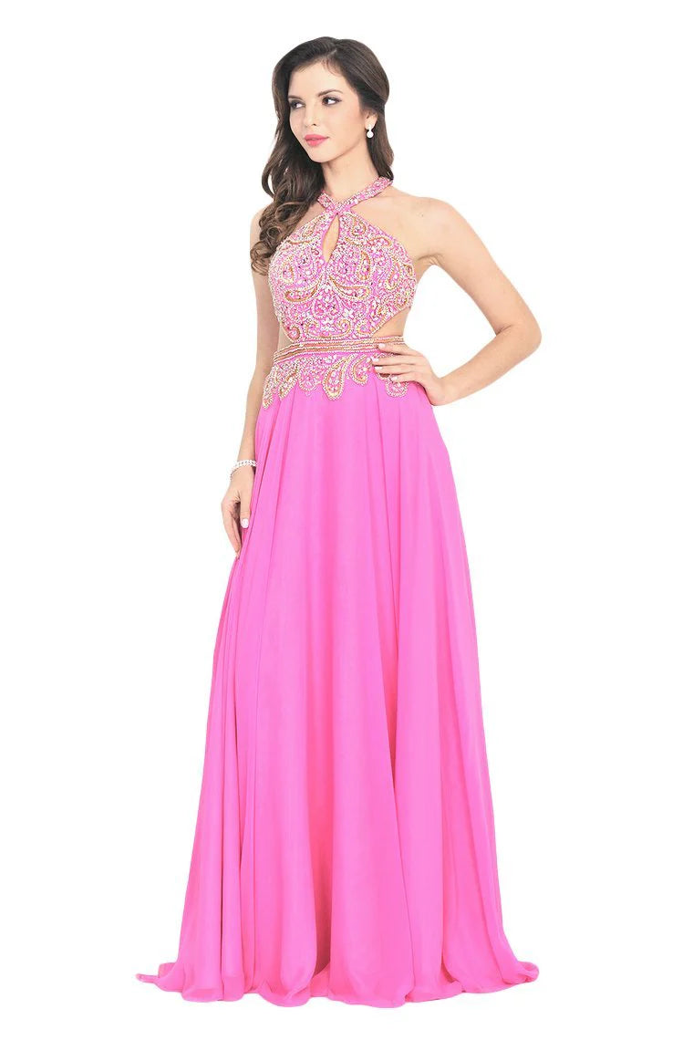 Open back beaded chiffon V-neck formal cocktail ball dress