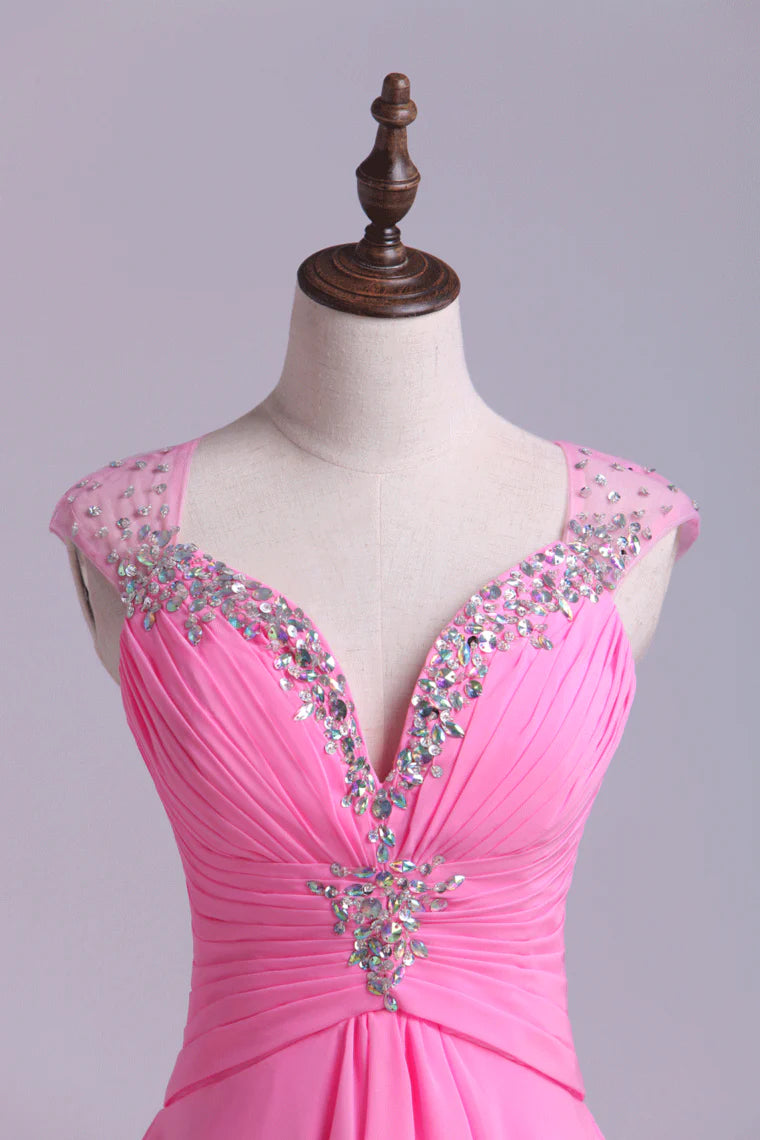 V-neck dress A-line short sheer and beaded chiffon