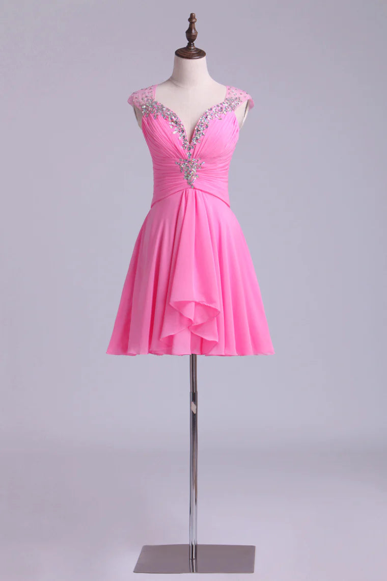 V-neck dress A-line short sheer and beaded chiffon