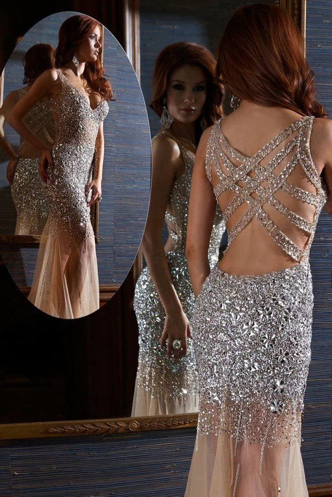 V-neck elegant mermaid sheer dance dress with beaded embellishments