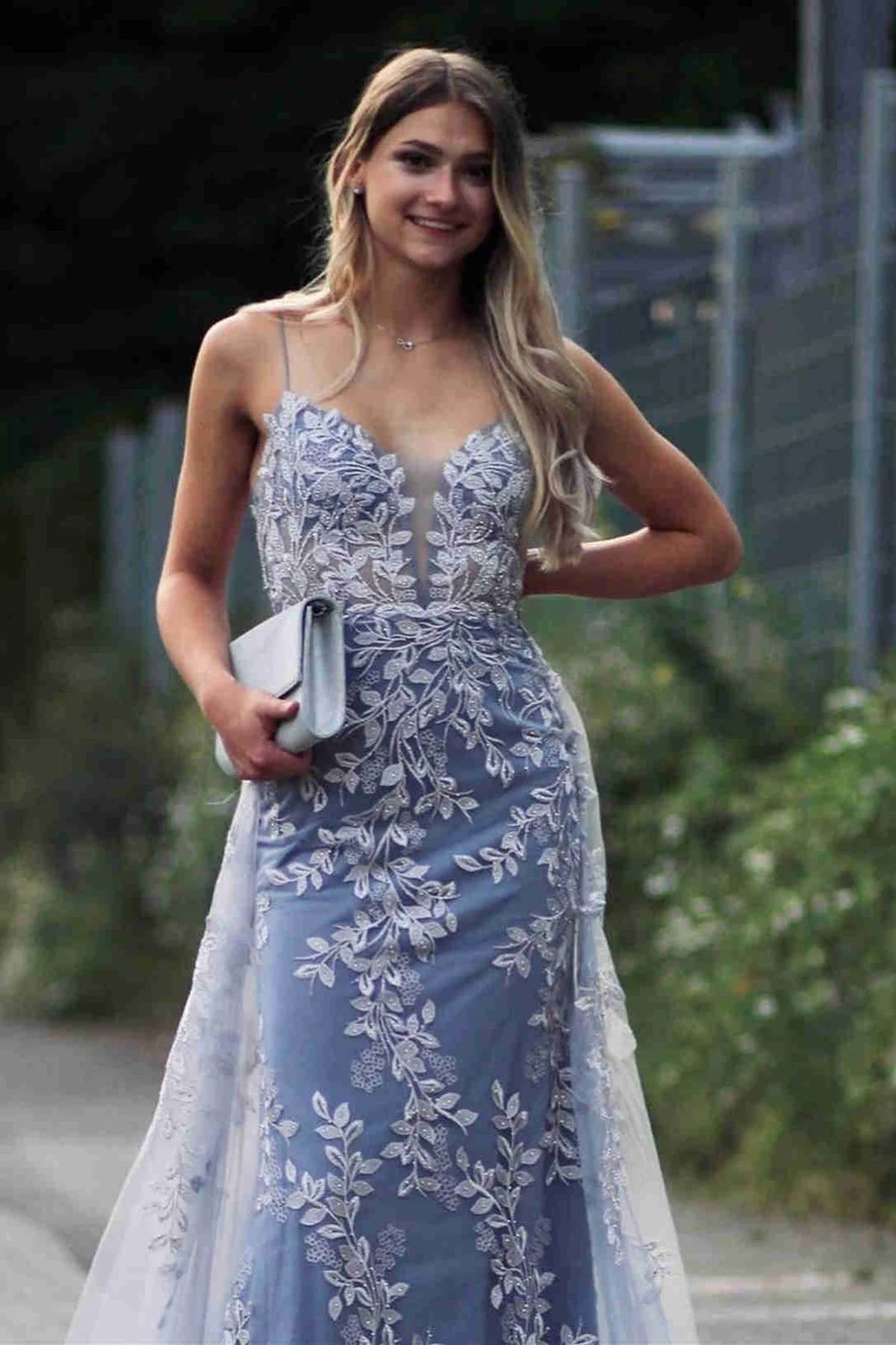 V-neck ball dress mermaid lace sheer strapless skirt hem with no embellishment backlight