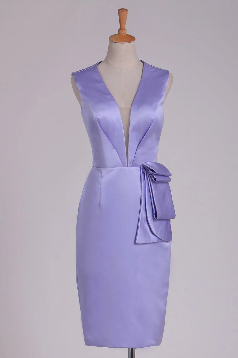 V-neck satin slit knee high column party, cocktail, and ball dress