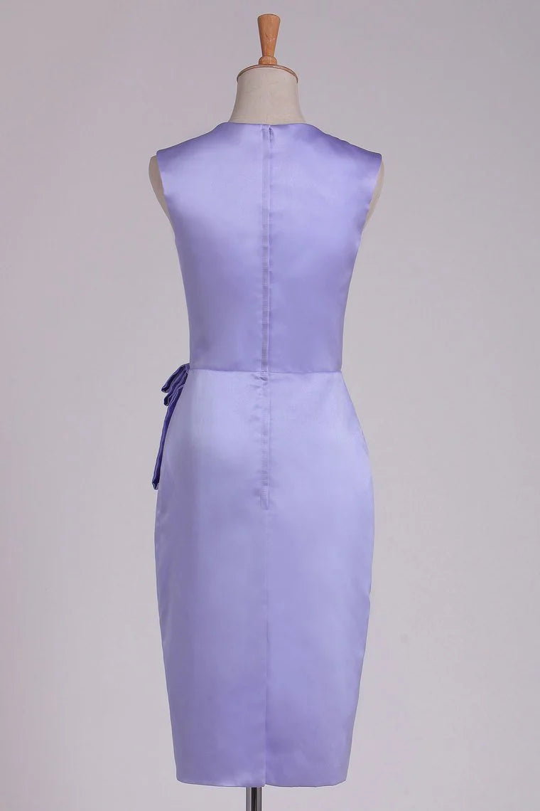 V-neck satin slit knee high column party, cocktail, and ball dress