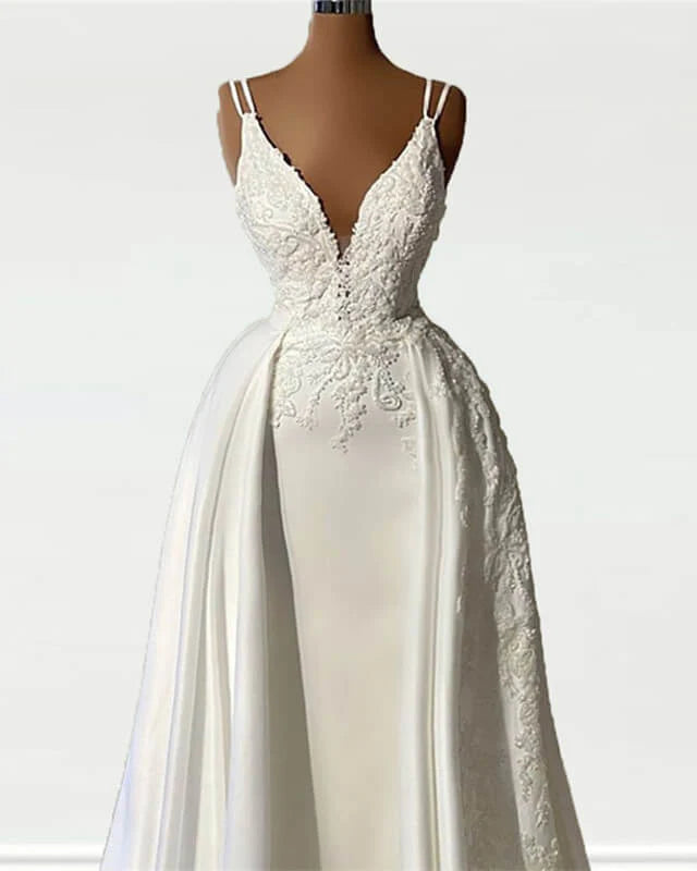 Straps V Neck Appliques Satin Wedding Dress