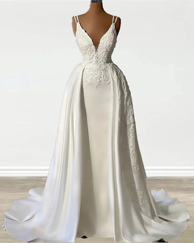Straps V Neck Appliques Satin Wedding Dress