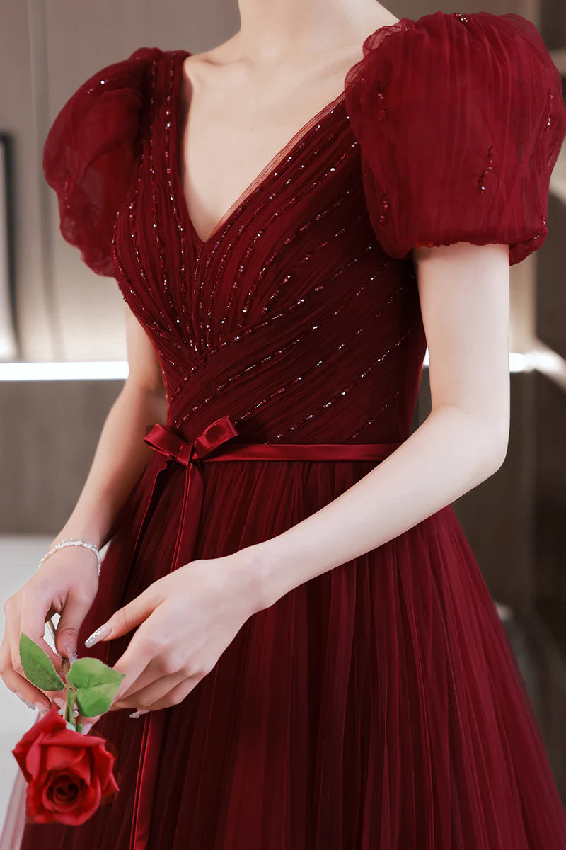 Princess Burgundy A-line Tulle Long Evening Dress