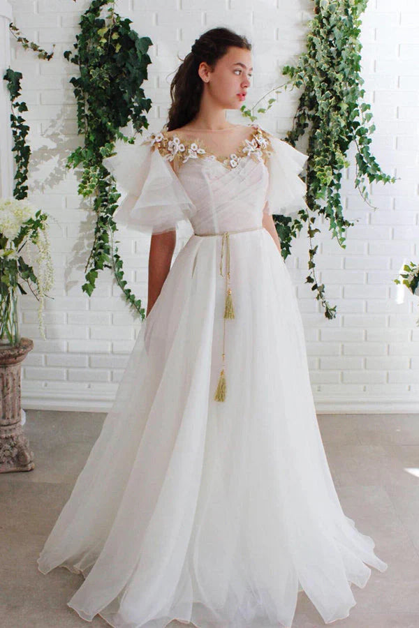 Vintage Sweet A-line Fashion Long White Short sleeved Round Neck Dress R