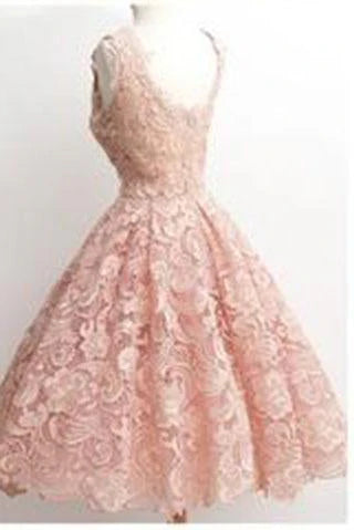 Retro A-line scallop edge knee length lace light pink ball return party dress