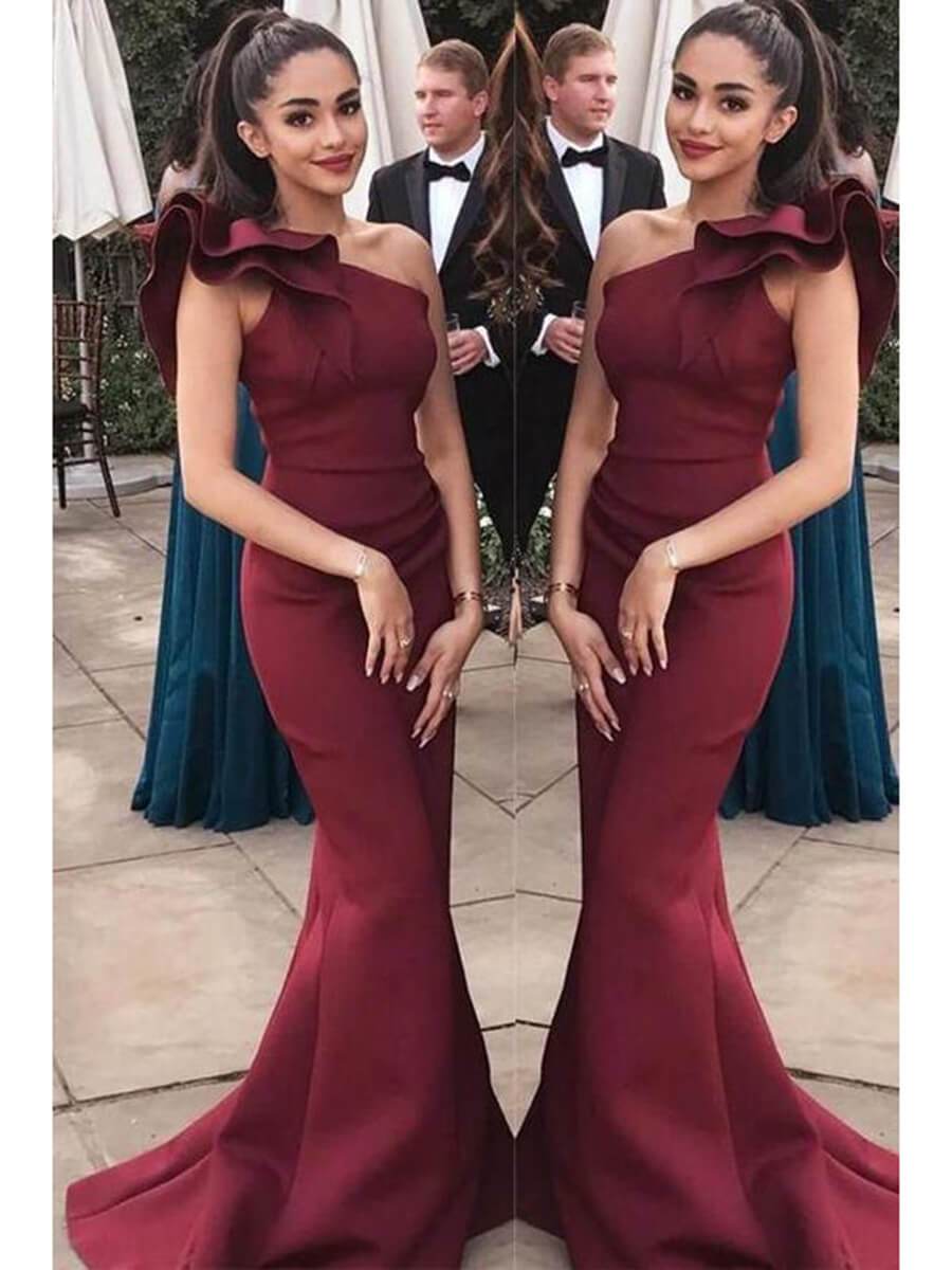 Vintage wine red mermaid one shoulder bridesmaid dress with ribbon