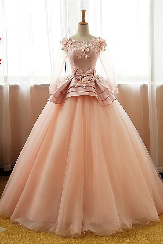 Vintage elegant pink flower long sleeved fluffy sheer long dress British ball dress