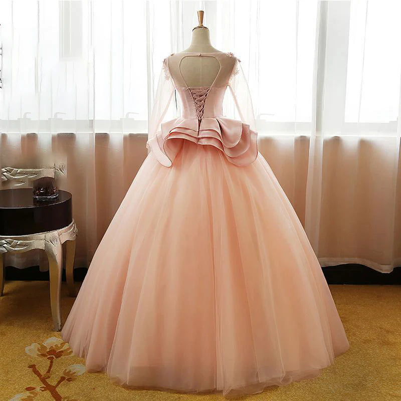 Vintage elegant pink flower long sleeved fluffy sheer long dress British ball dress