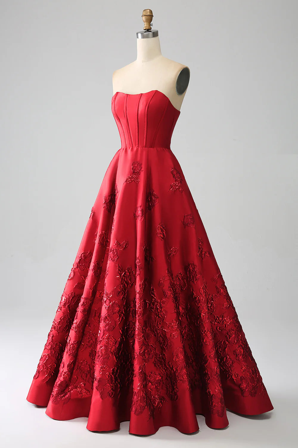 Elegant and Beautiful Princess A-line Strapless Deep Red Long Ball Dress with 3D Flowers