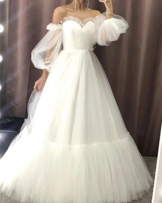 Flowy Tulle Boho Wedding Dress Off Shoulder
