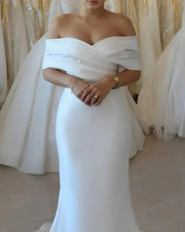 Off The Shoulder Pleated Satin Wedding Dress