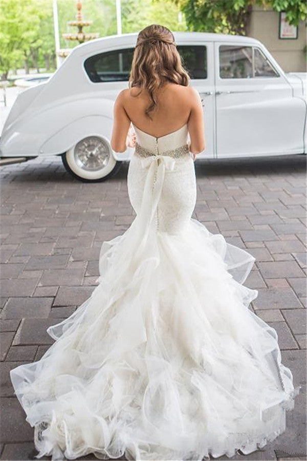 Mermaid transparent stiff gauze wedding dress elegant bridal gown with belt