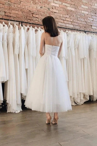 High grade white elegant ankle length off shoulder wedding dress with sheer satin finish