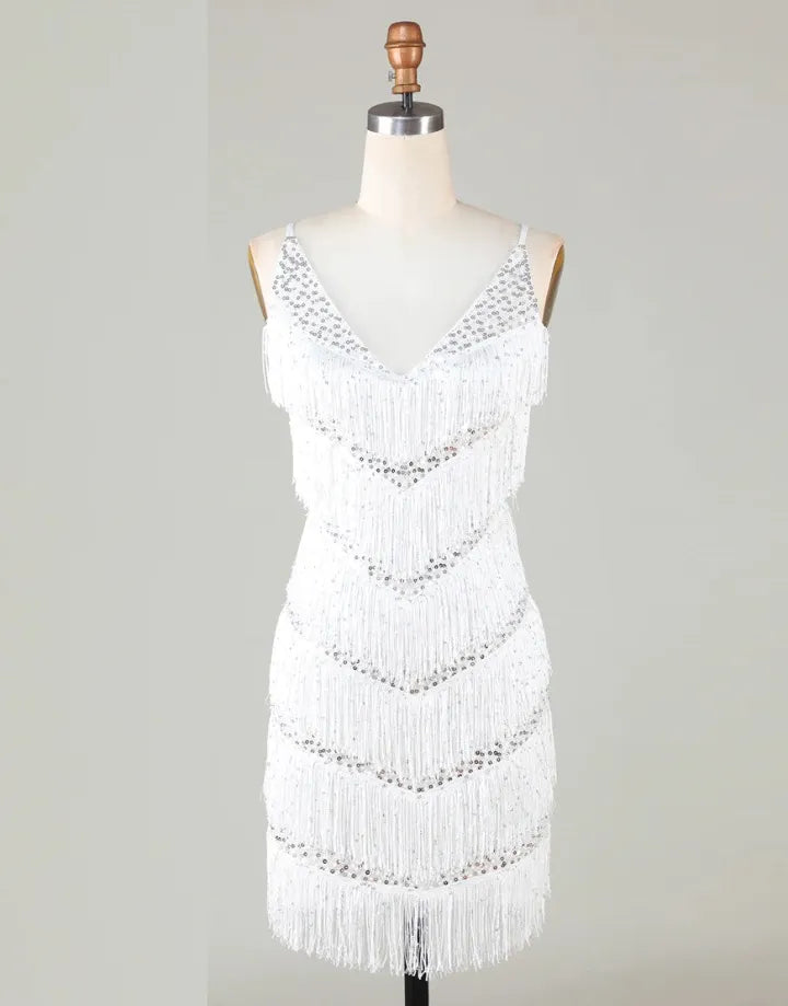 White sexy tight fitting V-neck sloping back to school dress with tassels