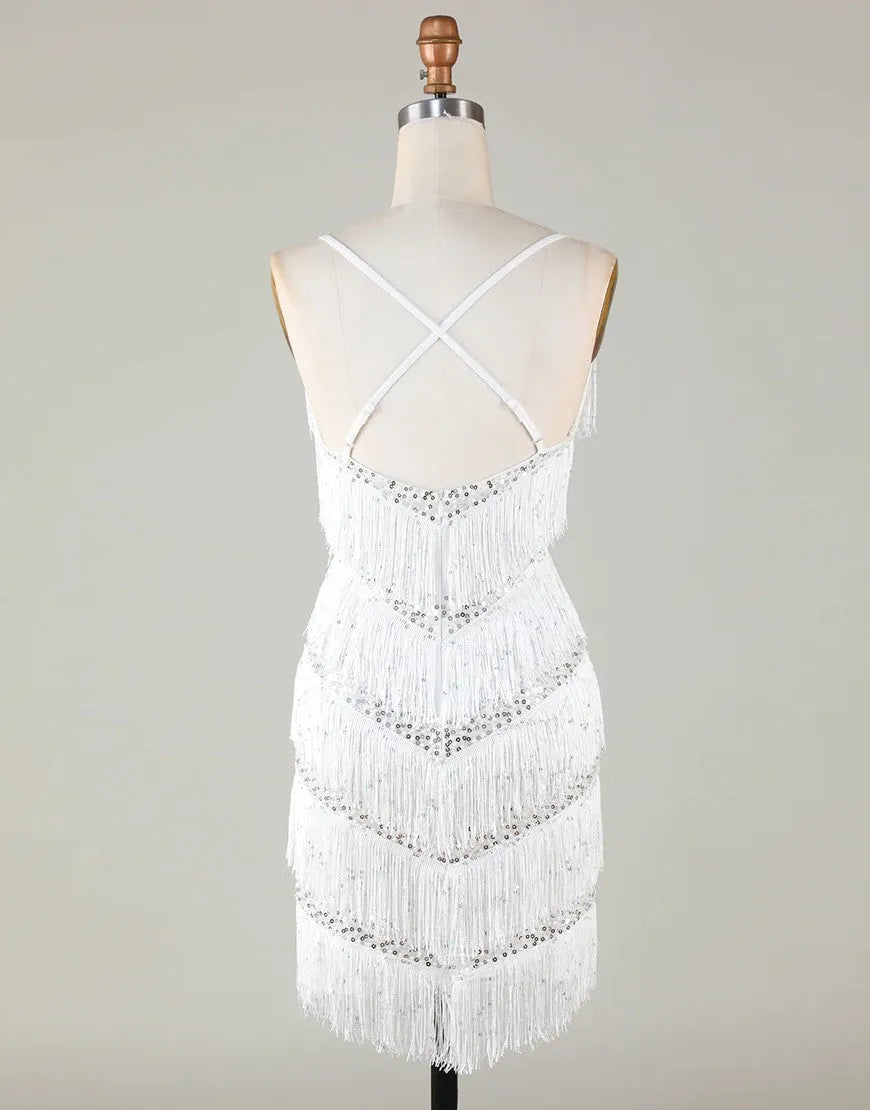 White sexy tight fitting V-neck sloping back to school dress with tassels