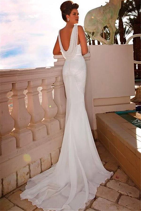 White V-Neck Bridal Dresses Mermaid Lace Sweep Train Backless Wedding Dresses