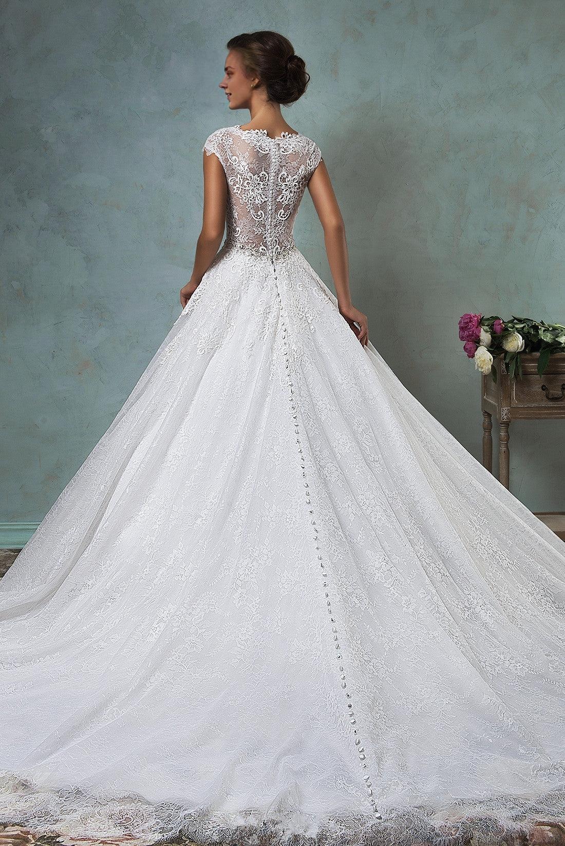 A-Line Applique Wedding Dress Cap Sleeve Court Train Princess Dress