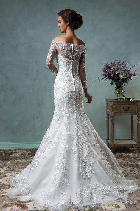 Off the Shoulder Detachable Train Wedding Dresses Long Sleeve Lace Bride Dress