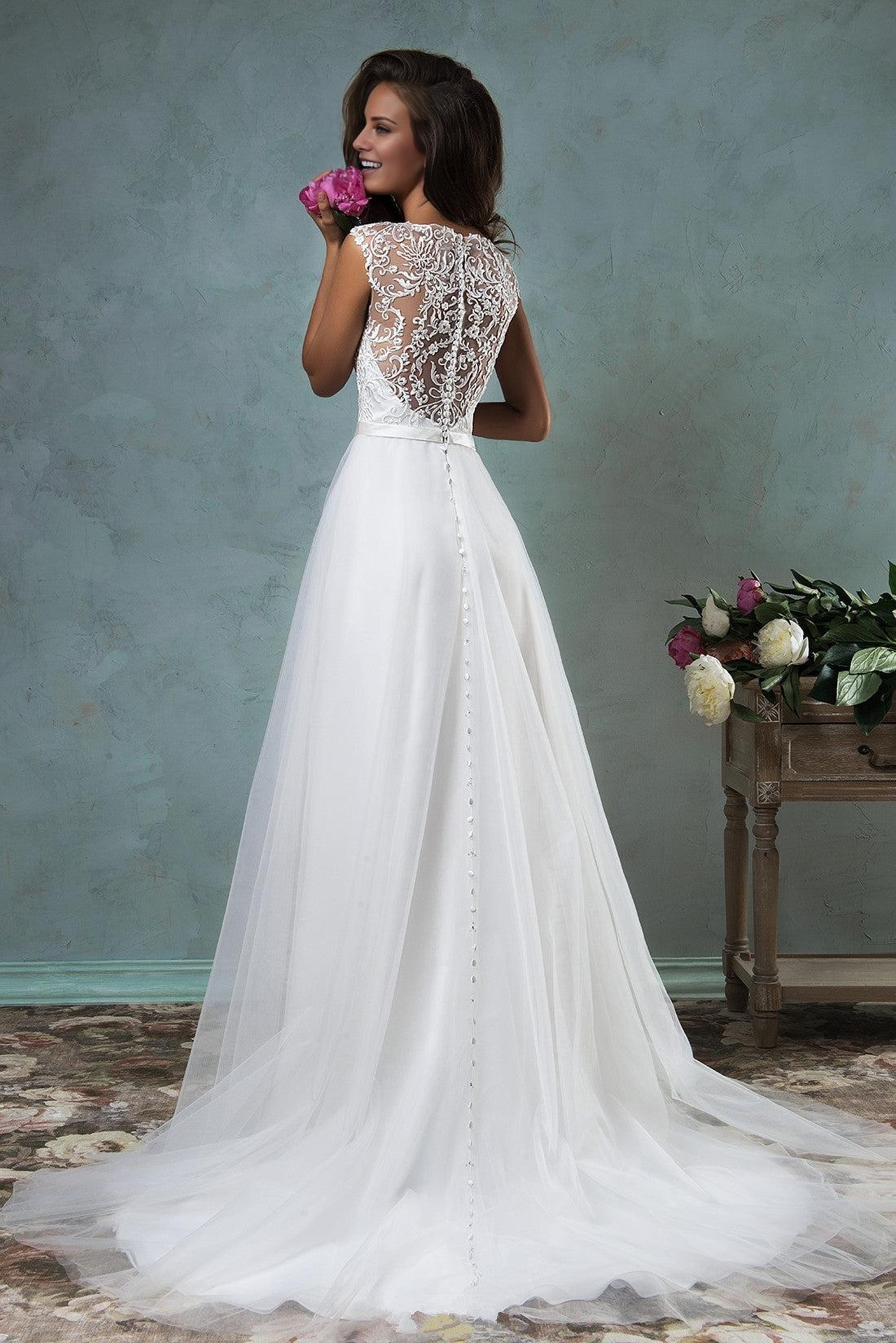 Lace Applique Bride Dress Latest Sweep Train Summer Beach Wedding Dress