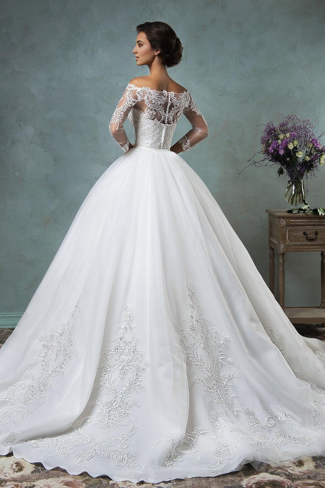 Off the Shoulder Detachable Train Wedding Dresses Long Sleeve Lace Bride Dress