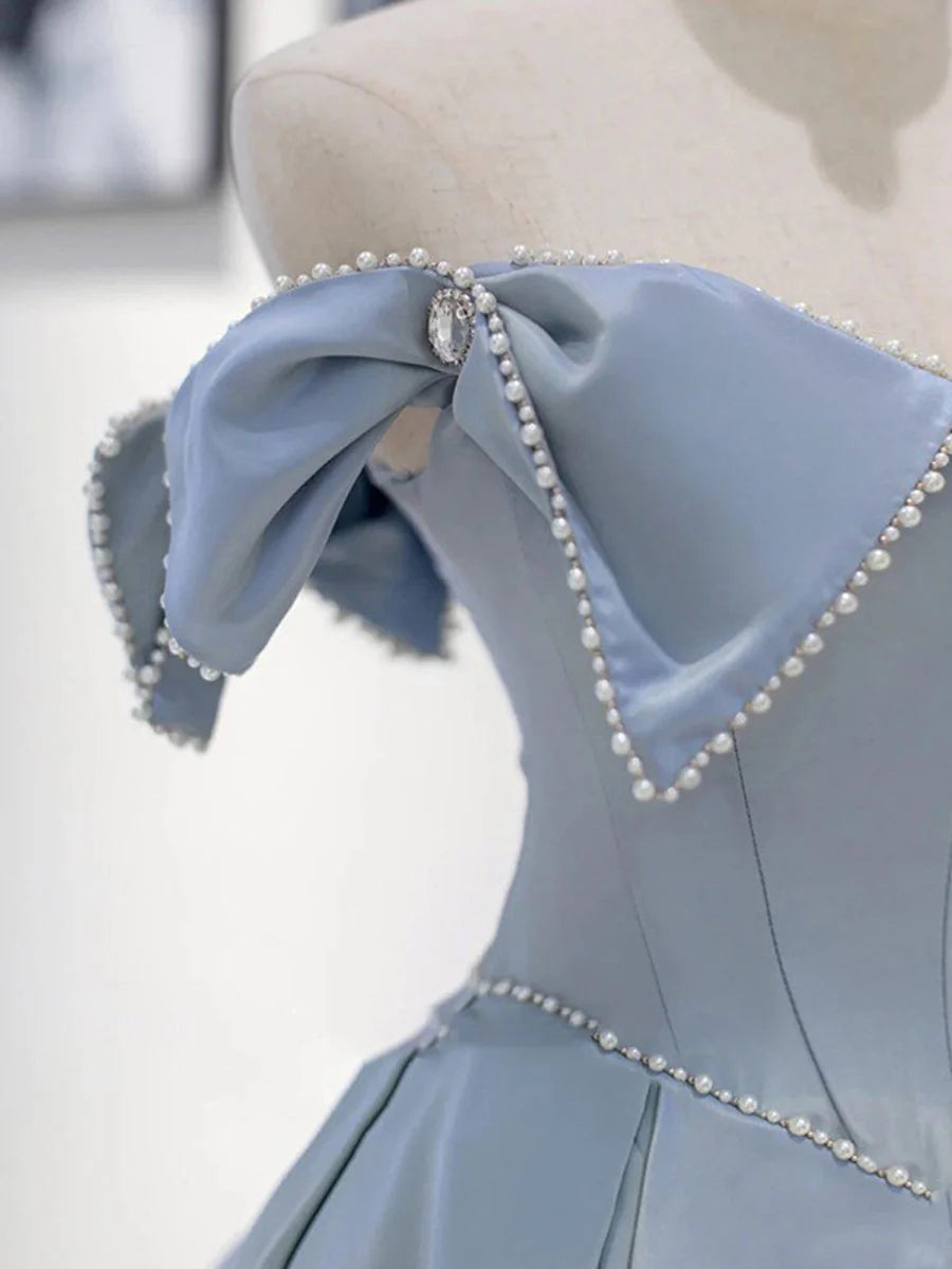 Blue Satin long prom dress blue A line prom dress