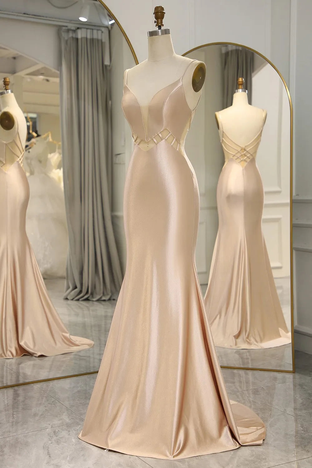 Simple Champagne Italian Noodle Strap Long Mermaid Satin Ball Dress