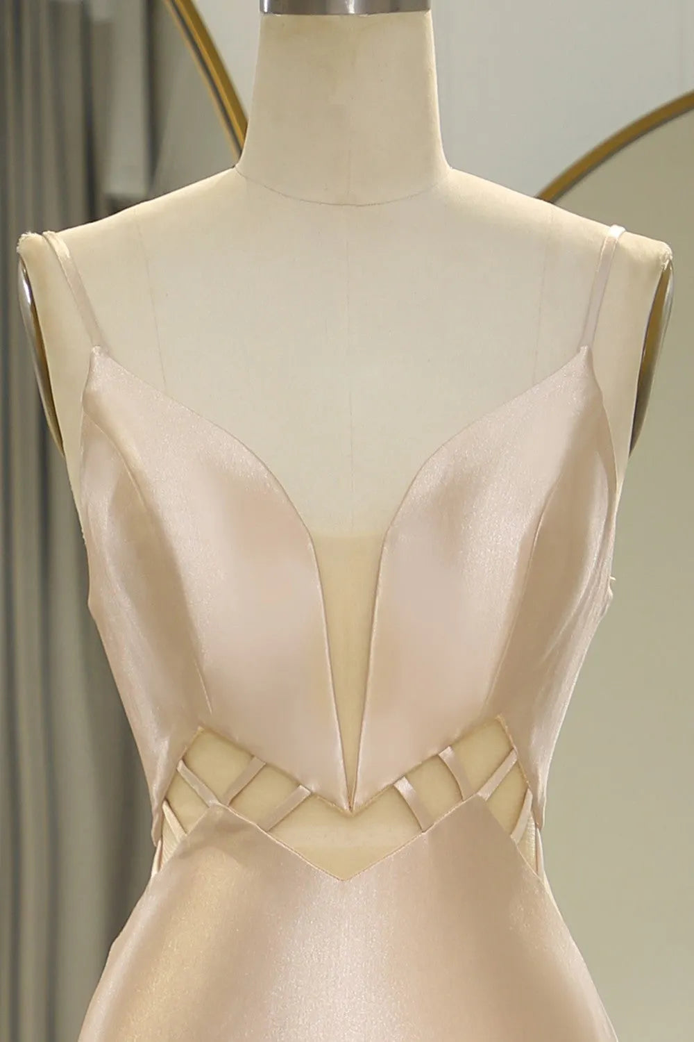 Simple Champagne Italian Noodle Strap Long Mermaid Satin Ball Dress